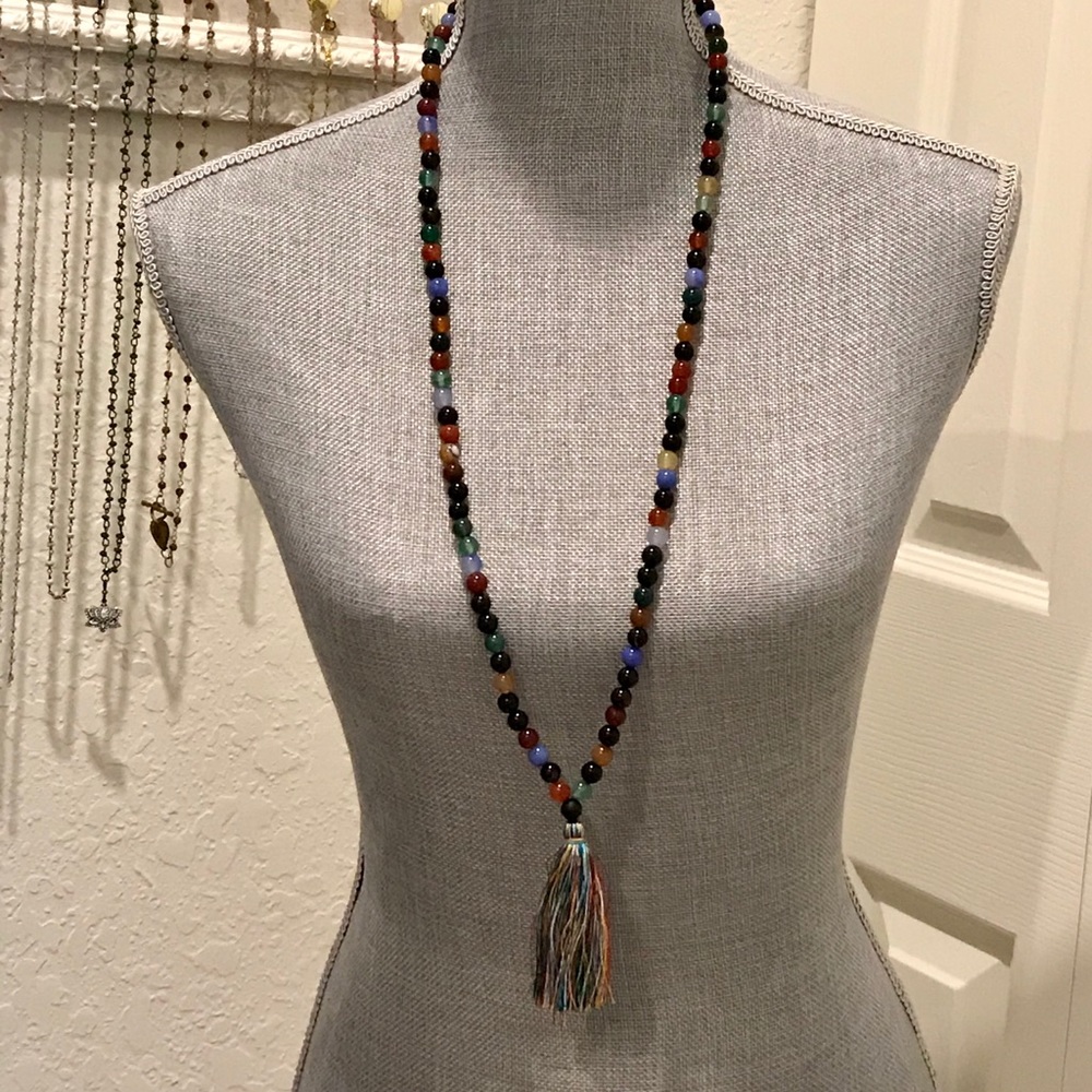 108 Agate Bead Mala Necklace w Multicolored Tassel